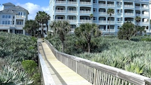 Une promenade en bois mène à un grand hôtel à plusieurs étages, doté de balcons et bordé de palmiers.