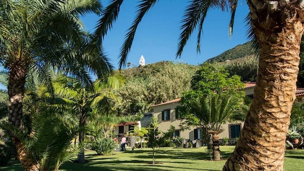 Un edifici amb una torre blanca, envoltat de palmeres i vegetació, sota un cel blau clar.