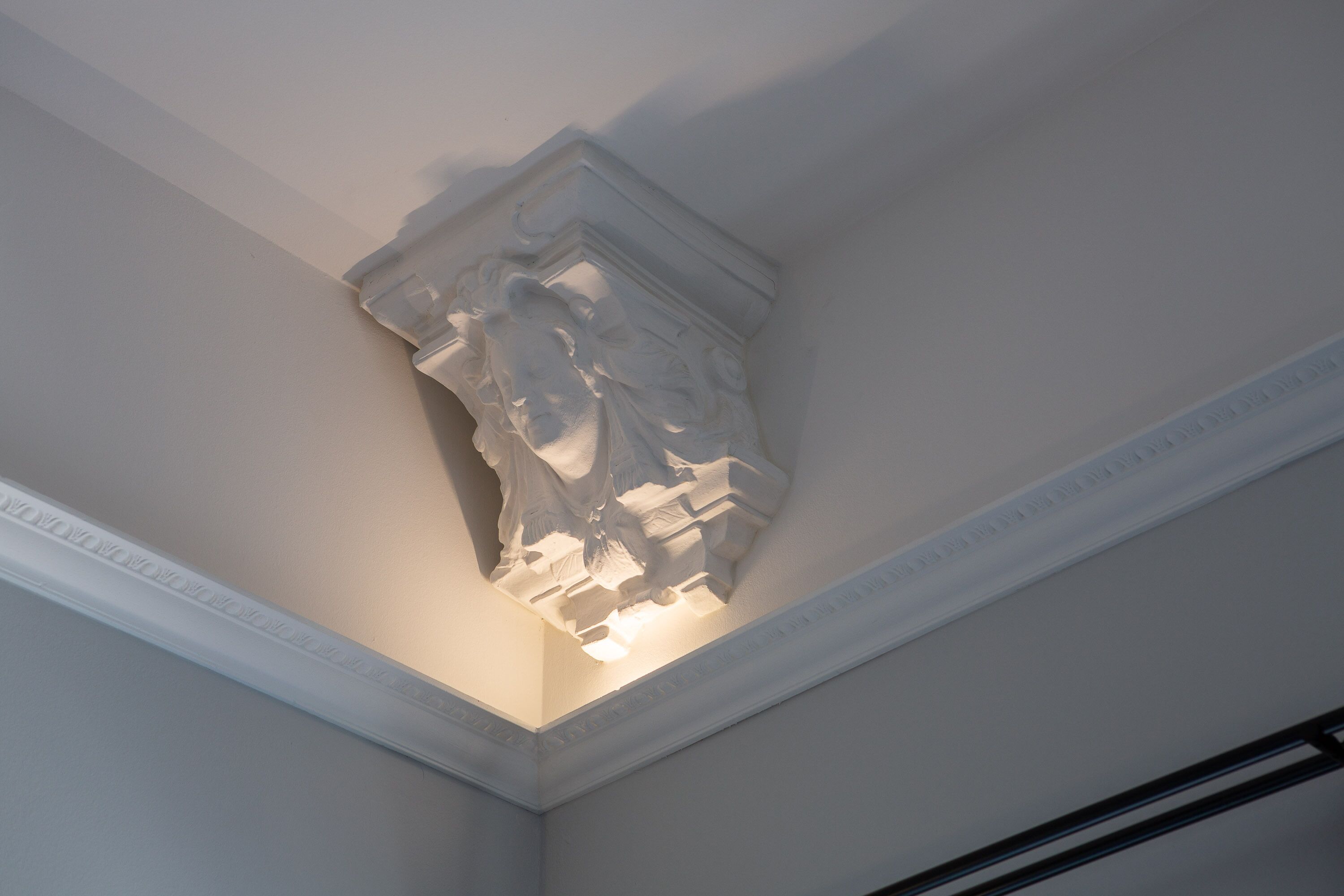 A ceiling with a decorative molding and a recessed light fixture.