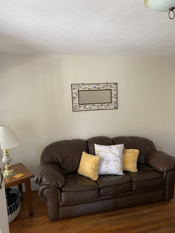 A brown leather sofa with two cushions, a small wooden side table with a lamp, and a wall-mounted mirror with a leaf-patterned frame. - King Family Farmstead- Spacious family home (Flat Rock)