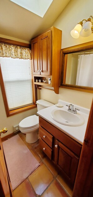 Combined shower/bathtub, soap, toilet paper