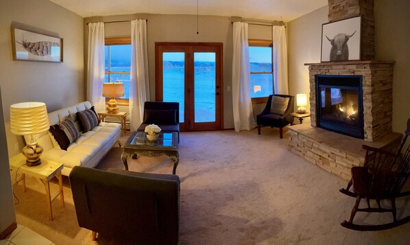 Smart TV, fireplace, DVD player, books