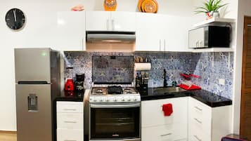 Frigorífico, microondas, horno y placa de cocina