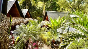 Un jardin tropical avec des huttes aux toits de chaume, une végétation luxuriante et un ciel d’un bleu éclatant.