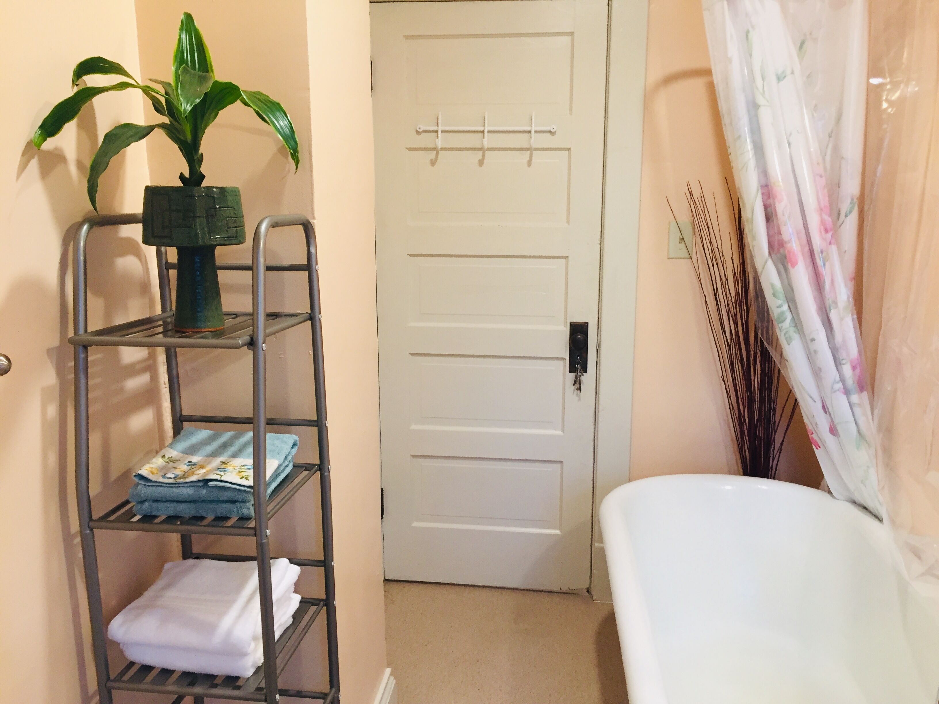 A room with a white door, a metal shelf with folded towels, a potted plant, and a white bathtub.