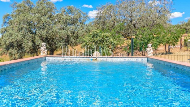 A rectangular swimming pool with clear blue water, surrounded by a tiled edge and a stone border. - Casa rural Navalonguilla Santa Olalla del Cala by Ruralidays (Huelva)