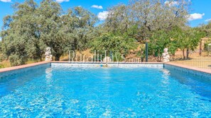 Una piscina rectangular con agua azul cristalina, rodeada por un borde de baldosas y una cinta de piedra.