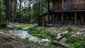 A rustic cabin with a porch, surrounded by a forest and a small stream. - Cabin on Bear Creek (Ruidoso)