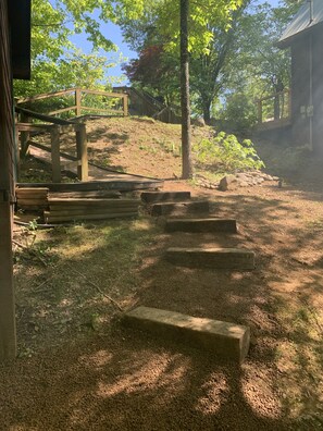 Explore the serene natural surroundings and ascend the lush hillside via the winding stone steps.