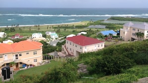 Un quartier résidentiel situé sur la côte, avec des maisons, une plage et une vue sur l’océan.