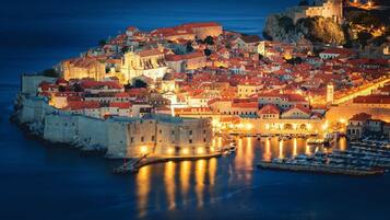 A historic coastal city with a fortified castle, a cathedral, and a harbor with boats.