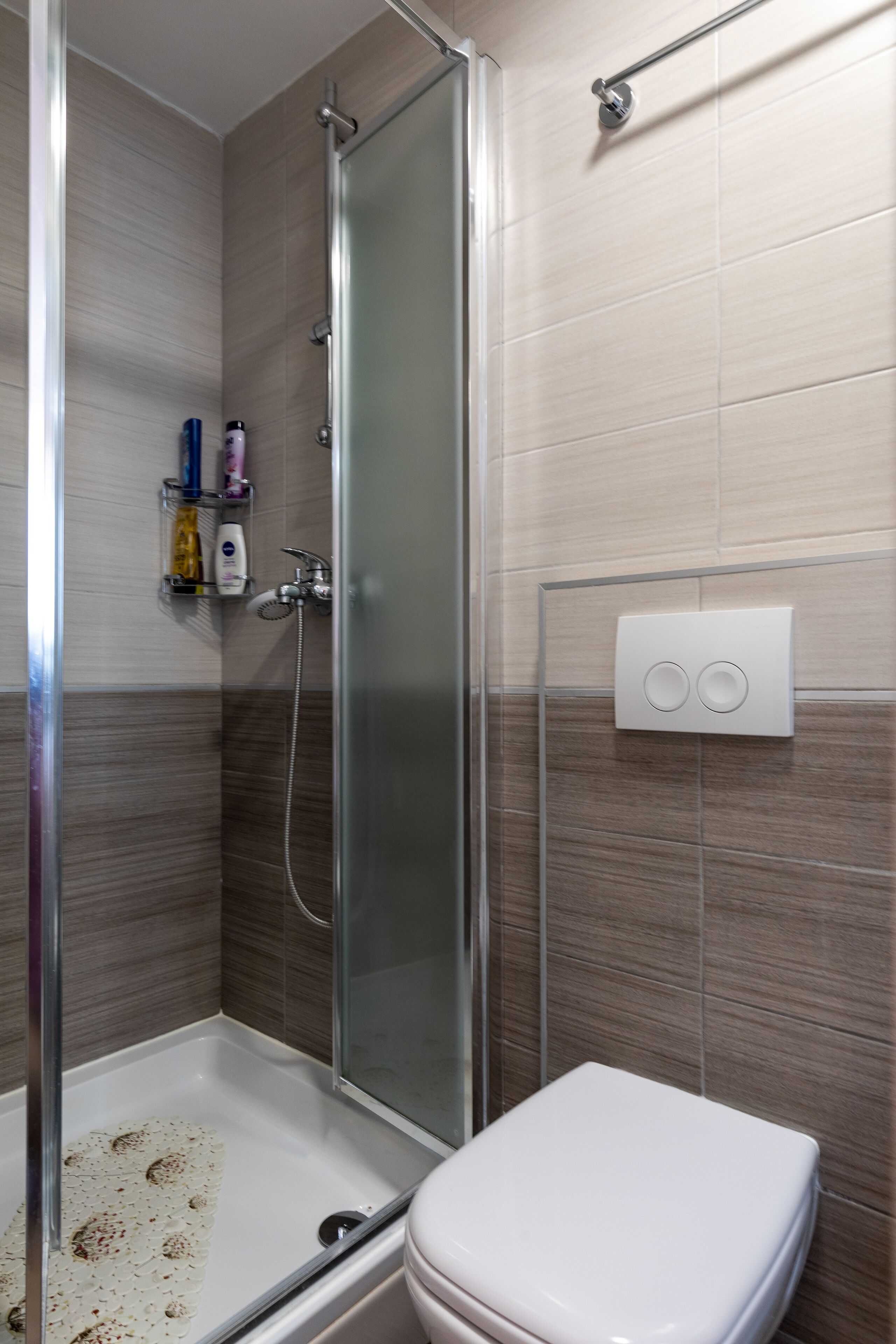 A shower with a glass door, a white toilet, and a shelf with toiletries.