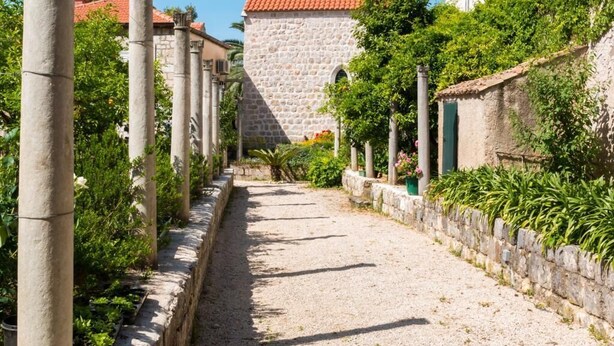 Una estrecha calle adoquinada bordeada por edificios de piedra y abundante vegetación.