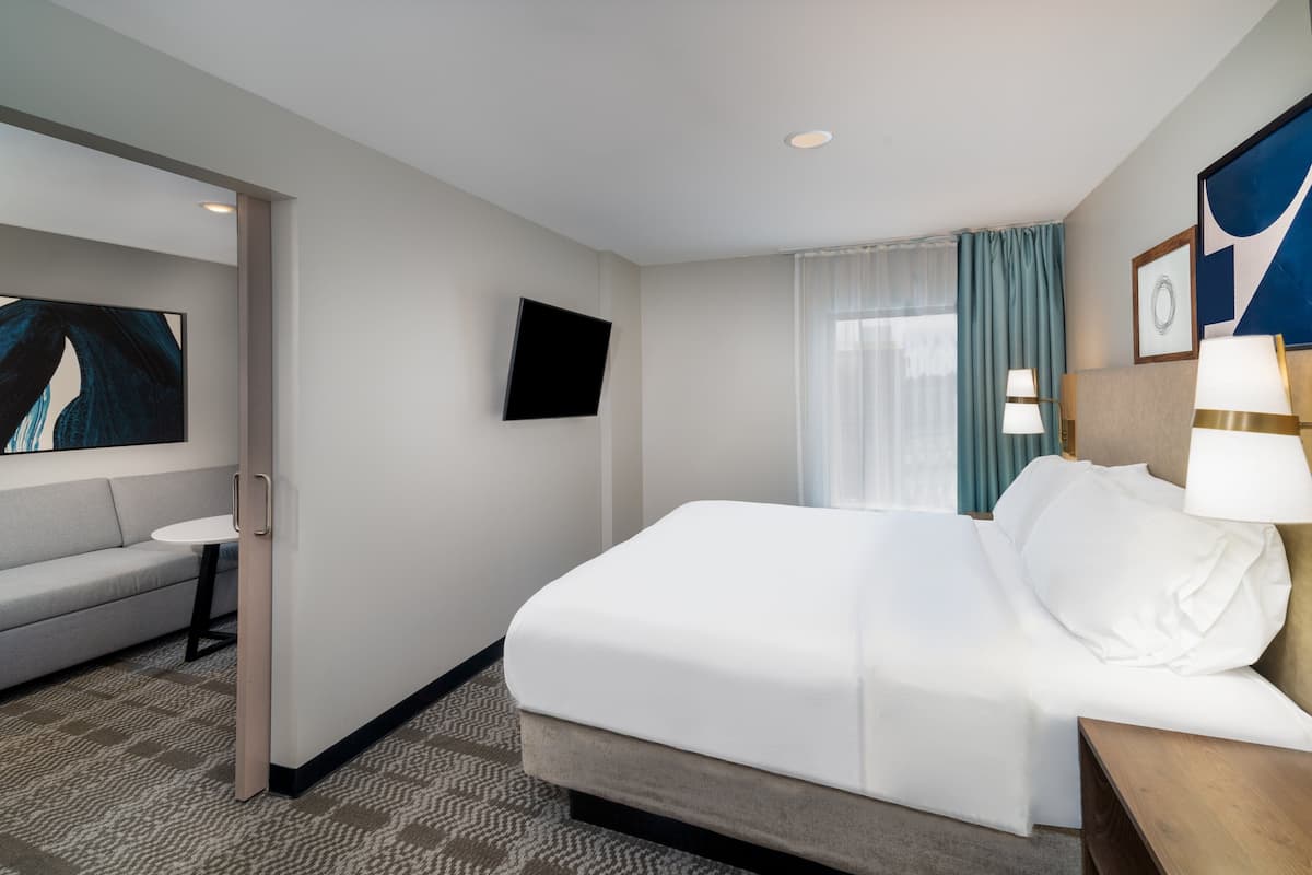 Una habitación de hotel con cama, sofá, televisión y ventana con cortinas.