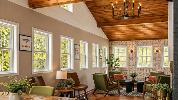 A spacious room with wooden beams, large windows, and a chandelier. - 9BR Riverfront Estate | Pool, Theater, Game Room, on Shenandoah River (Shenandoah)