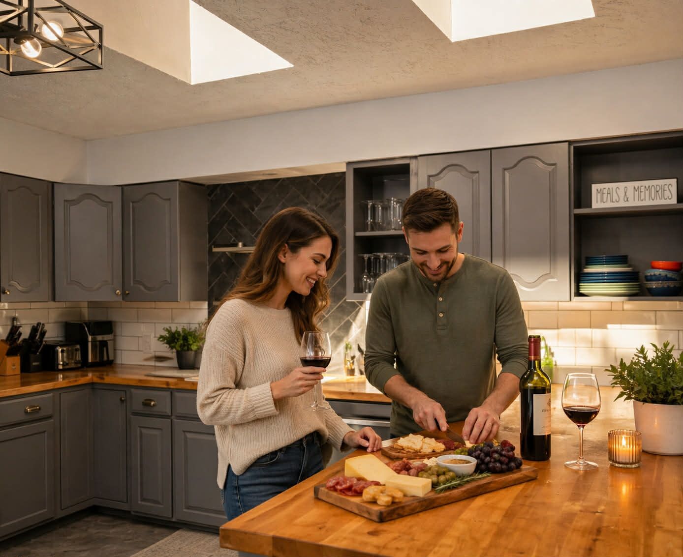 Una cocina moderna con gabinetes grises, encimera de madera y una botella de vino.