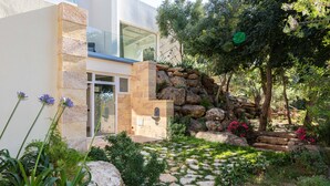 Une maison moderne avec un chemin de pierre menant à une porte en verre, entourée d’une végétation luxuriante et d’un petit jardin de rocaille.