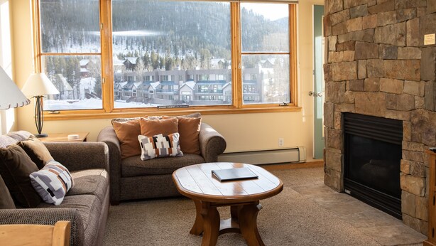 A cozy living room with a fireplace, a large window with a view of a snowy landscape, and a comfortable seating area. - On Keystone Lake/Shuttle to Lifts/Pool and Hot Tub Access/Great Amenities (dillon)
