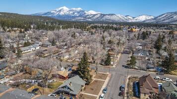 An aerial view of a residential area with houses, roads, and snow-capped mountains in the background.