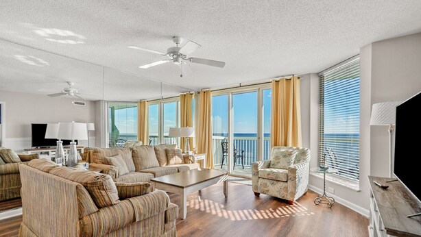 A spacious living room with a large sofa set, a coffee table, and a TV. There are ceiling fans, a balcony with a view, and large windows with curtains. - Charming oceanfront resort w/indoor & outdoor pools, lazy river, kids pools-perfect for family trips (North Myrtle Beach)