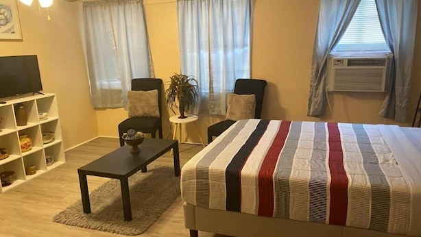Quarto com uma cama, televisão, uma mesinha e uma planta.