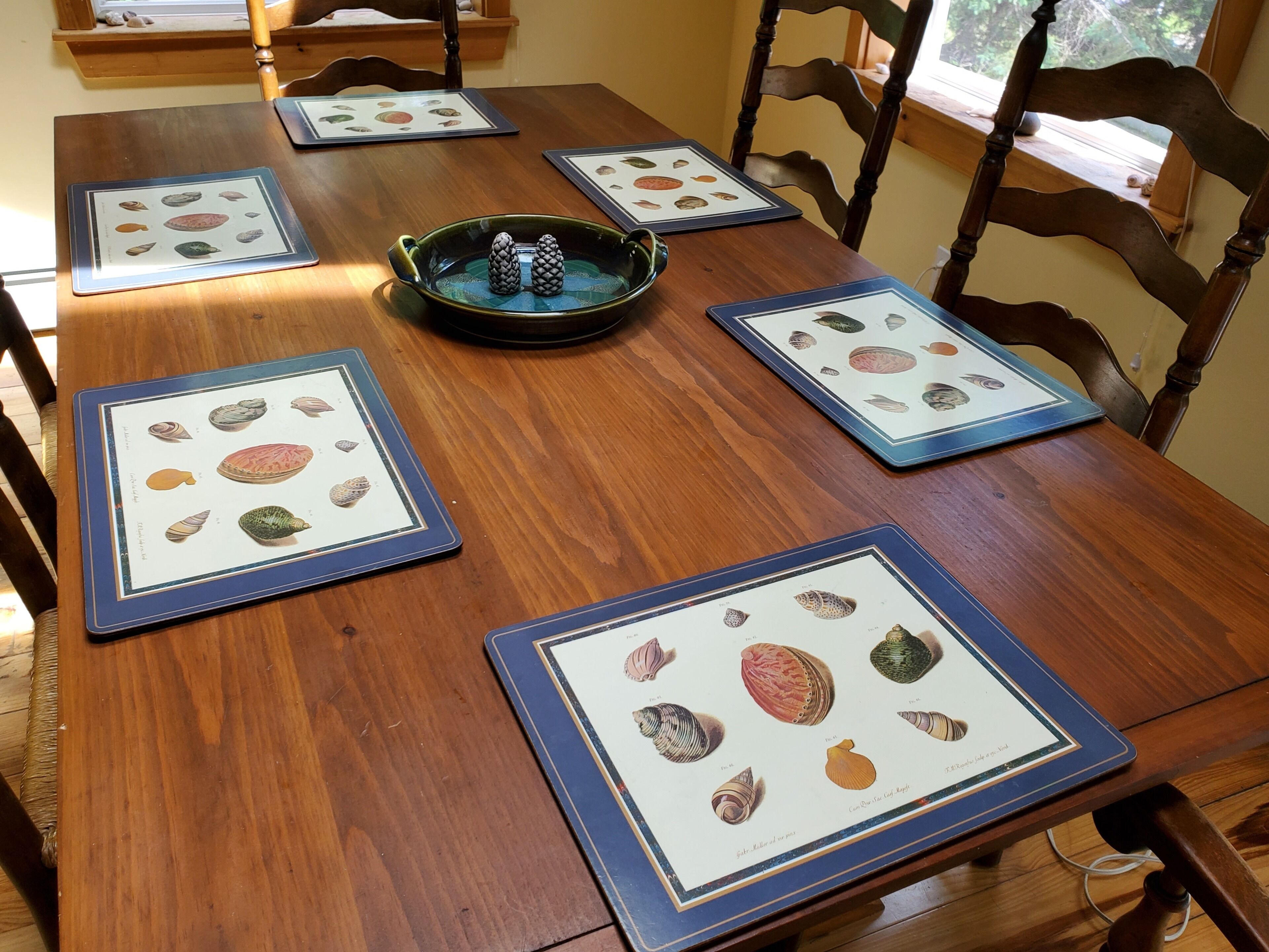 A wooden dining table with framed illustrations of seashells.