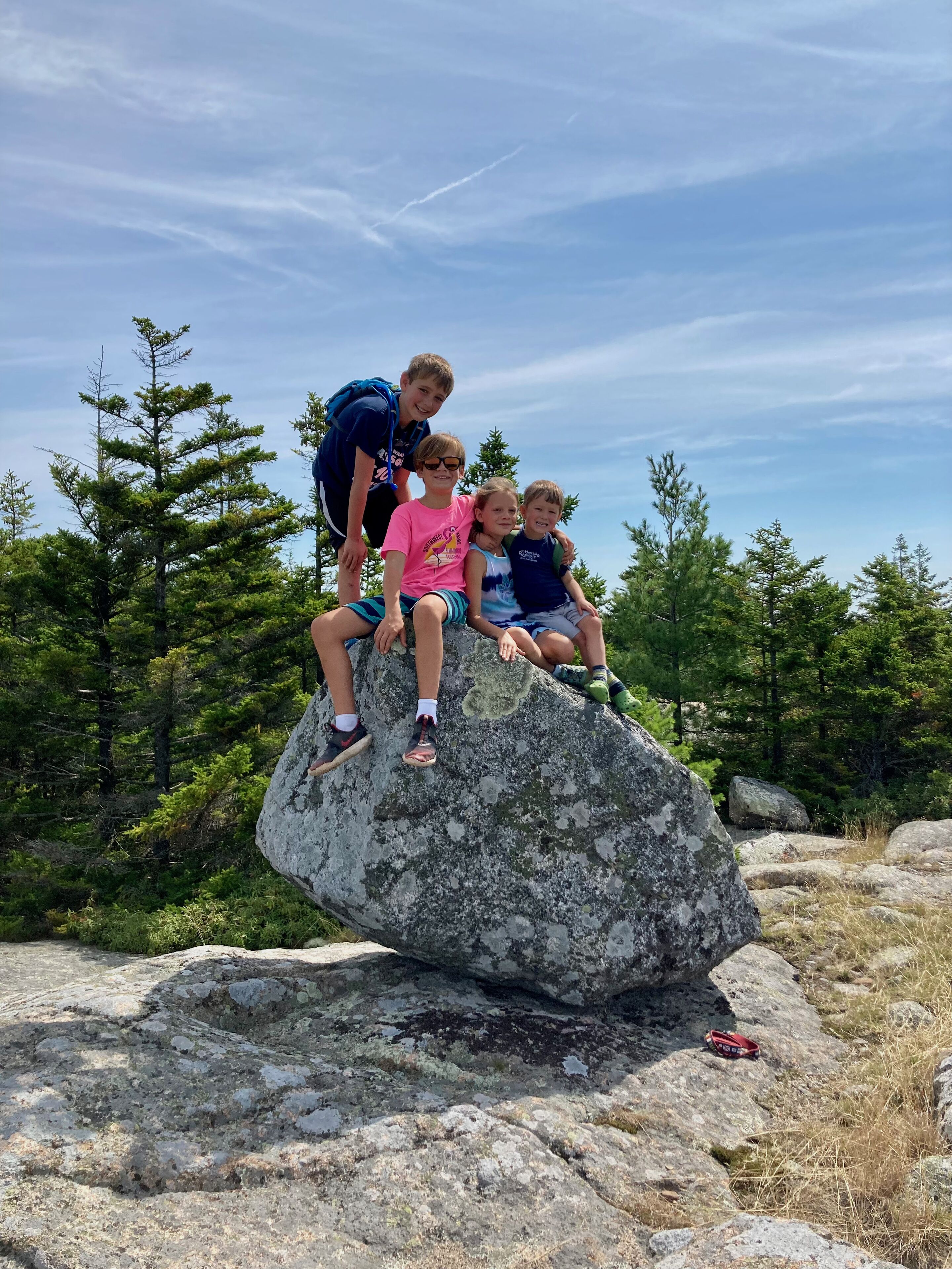 Four people sitting on a large rock outdoors with trees in the background.