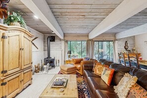 TV, fireplace, DVD player, books