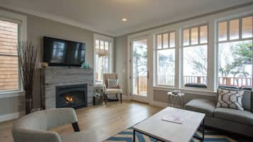 Smart TV, fireplace, video games, DVD player