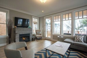 Smart TV, fireplace, video games, DVD player