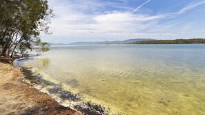 A clear lake with a sandy shore and trees.