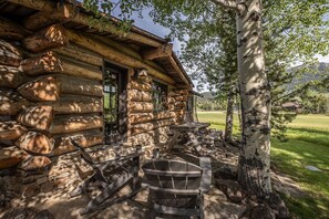 A rustic log cabin with a stone foundation, a wooden porch, and a birch tree nearby.