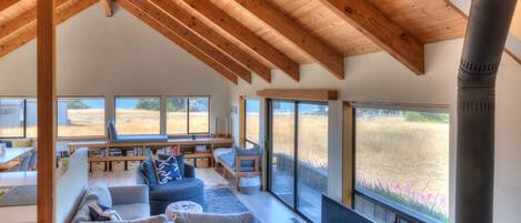 TV connectée, cheminée, livres