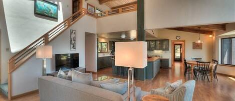 Télévision, cheminée, lecteur de DVD