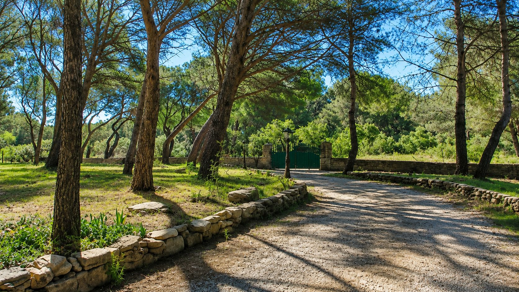 A gravel path bordered by stone walls and trees, leading to a green gate.