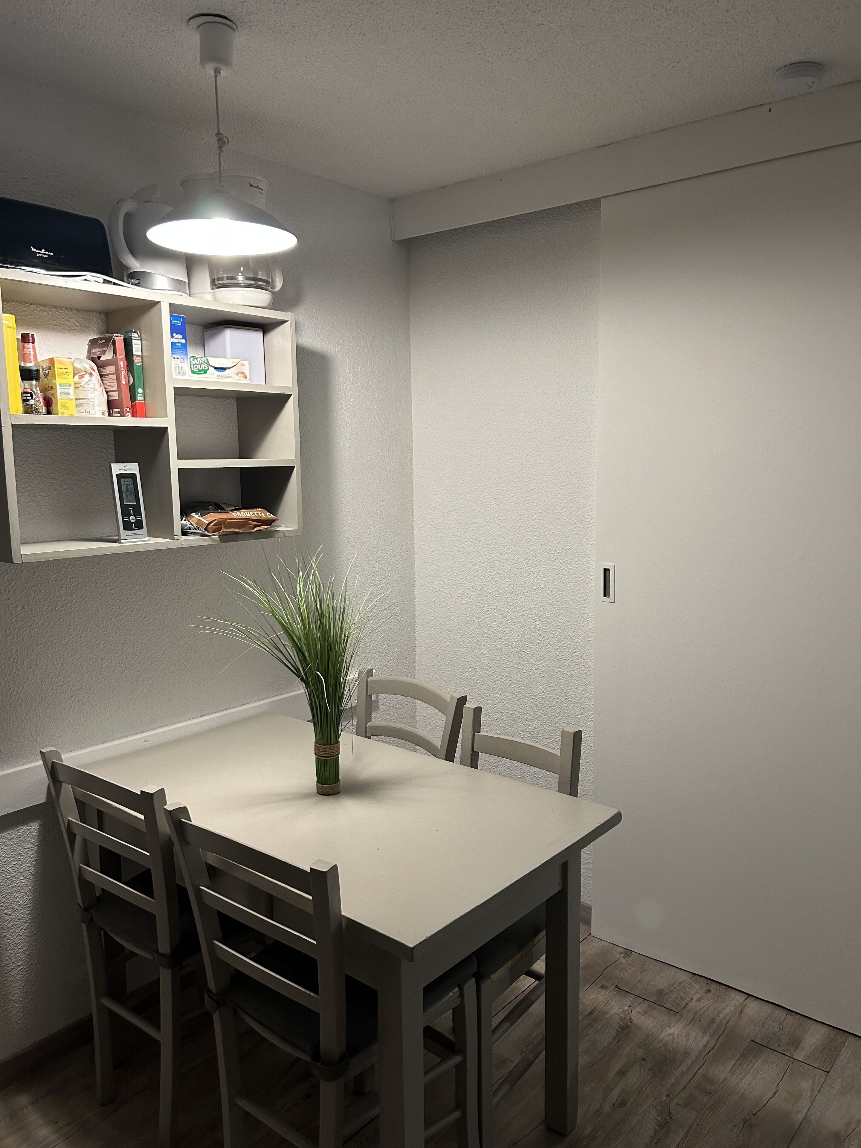 Un coin repas comprenant une table, des chaises, un vase avec des plantes vertes et une étagère sur laquelle sont disposés divers objets.