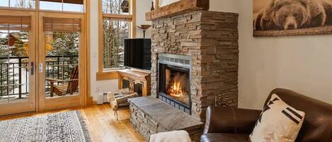 Télévision, cheminée, espaces bureaux