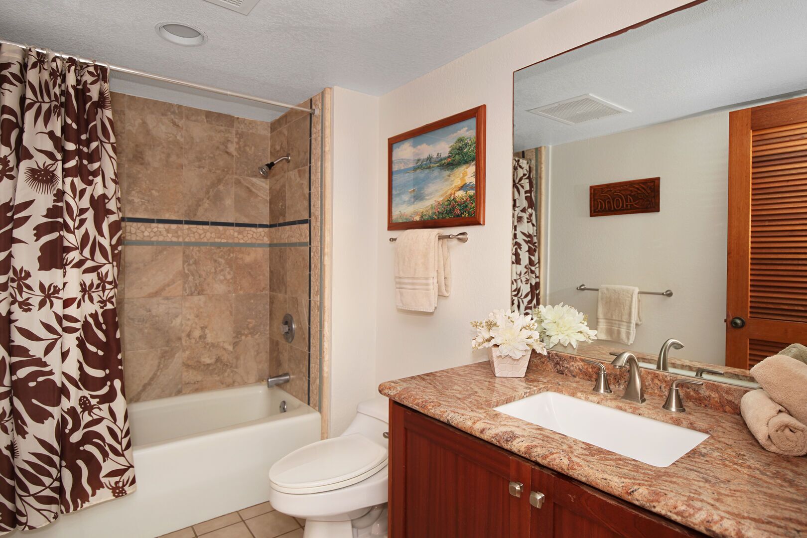 Combined shower/tub, hair dryer, towels, toilet paper