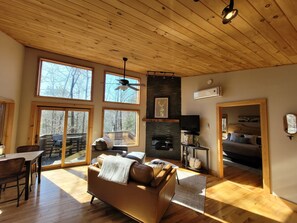 Flat-screen TV, fireplace