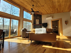 Flat-screen TV, fireplace