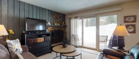 Télévision, cheminée, lecteur de DVD, livres