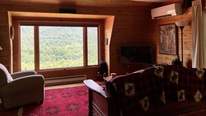 A wooden cabin interior with a large window, a ceiling fan, a television, and a fireplace. - Private mountaintop cabin with hot tub, pool table, and breathtaking views (Great Cacapon)