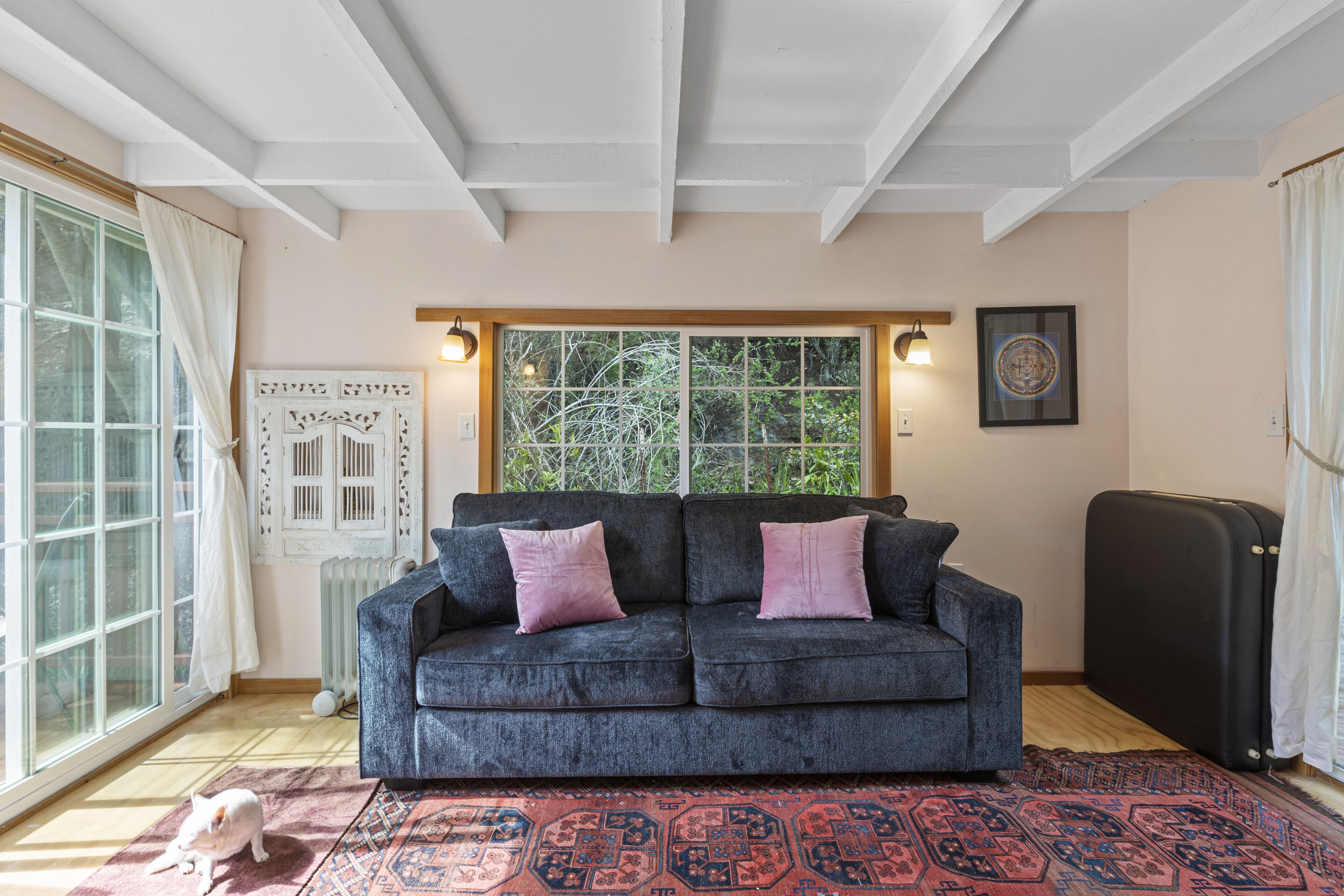 A cozy living room with a dark grey sofa, two cushions, a patterned rug, a radiator, a window with curtains, and a framed picture on the wall.