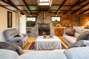 Fireplace, ping pong, books, offices