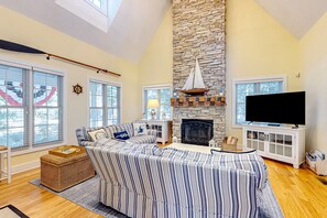 TV, fireplace, books