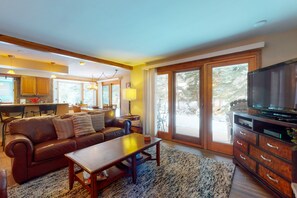 Televisio, takka, DVD-soitin, stereot