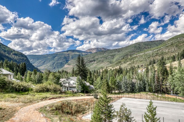 Surrounded by lush greenery and tall trees, this single-story house offers a serene mountain retreat.
