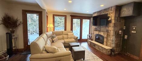 Télévision, cheminée, lecteur de DVD, vidéothèque