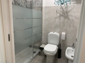 Douche, séchoir à cheveux, bidet, serviettes fournies