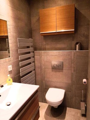 Regadera, secadora de cabello, papel de baño 